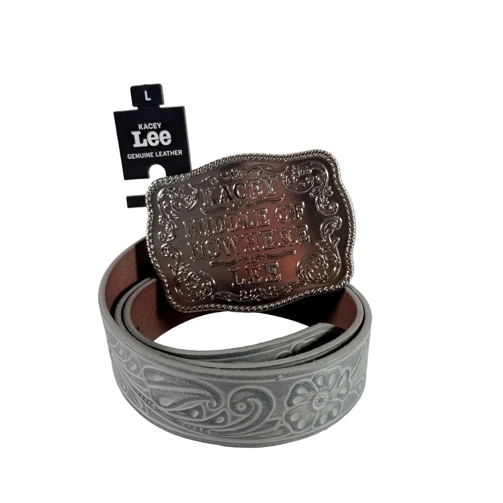 Kacey Lee Women's Leather Belt Middle of Nowhere Western Buckle Blue Size L